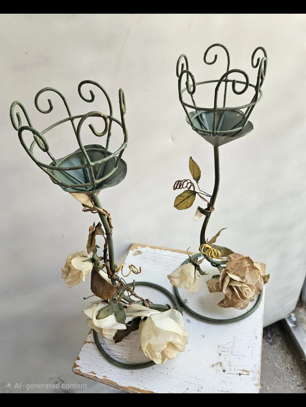 Source Unknown Green Metal Rose Vine Candle Holders with Cream Flowers